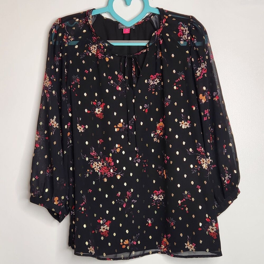 Vince Camuto Floral Blouse Womens Medium Black Chiffon Lined Tie Front Metallic